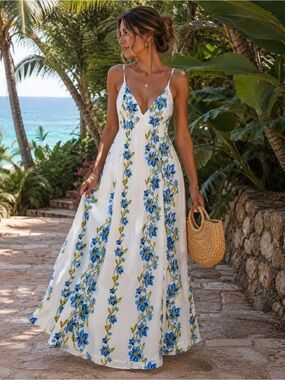 HYFVE White Maxi Dress with Blue Floral Print and Open Back